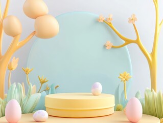 Fototapeta premium Easter Promotions color, whimsical Forest style background, empty 3D pedestal podium, 3D render illustration