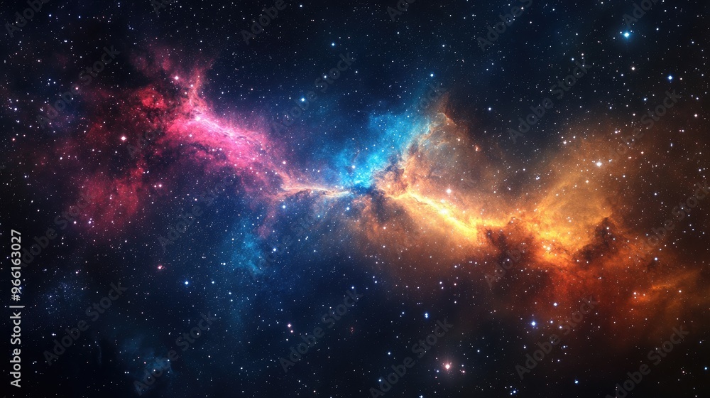 Poster deep space view of a colorful nebula with bright stars and glowing gases creating a stunning cosmic 