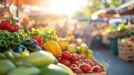 Vibrant Street Market with Fresh Produce and Colorful Fruits, Blurred Background and Sunny Day. AI generated illustration