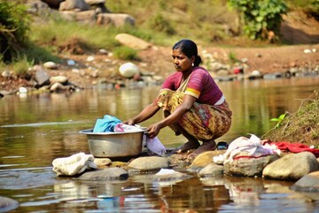 A village woman washing clothes near a river