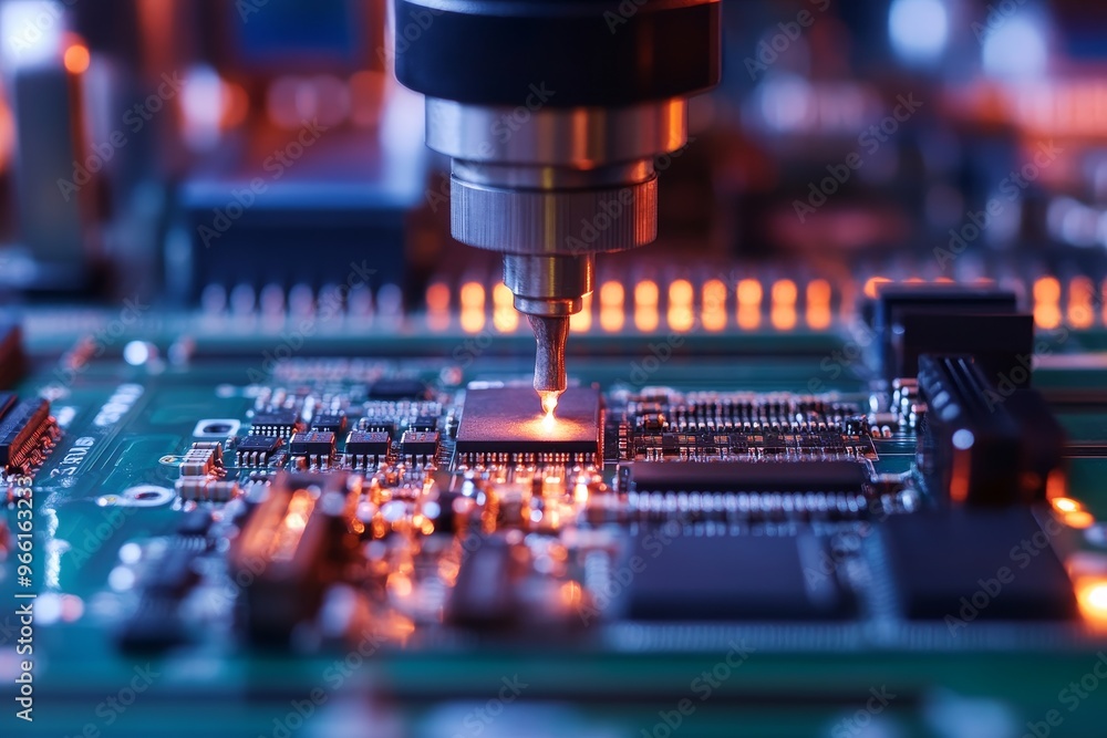 Poster a close-up of a soldering iron tip applying heat to a circuit board.
