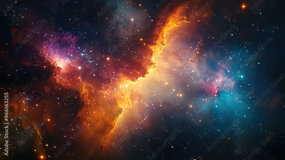 Poster deep space view of a colorful nebula with bright stars and glowing gases creating a stunning cosmic 