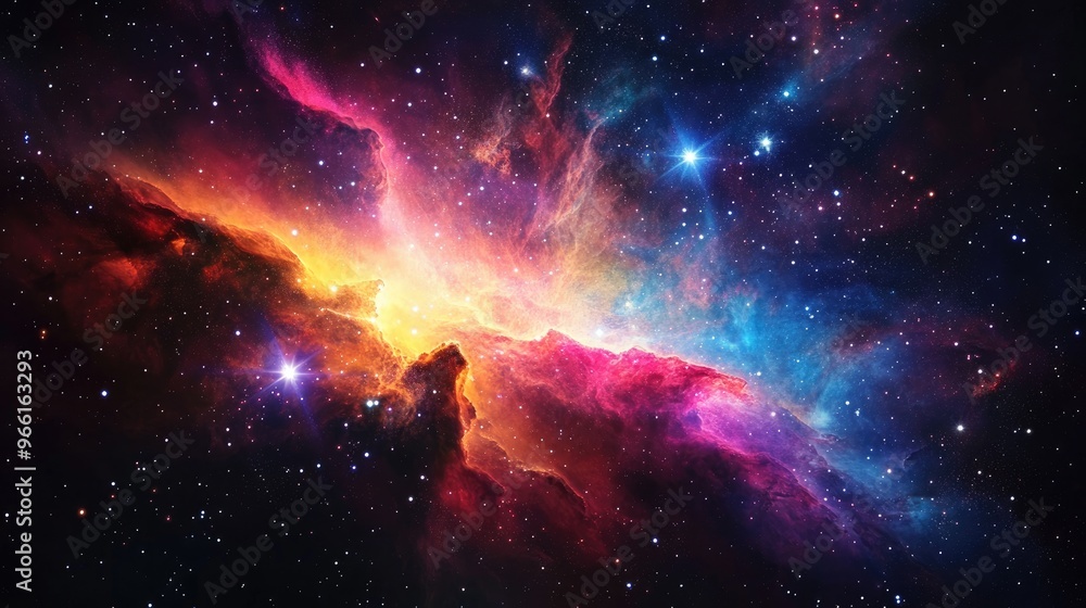 Poster deep space view of a colorful nebula with bright stars and glowing gases creating a stunning cosmic 