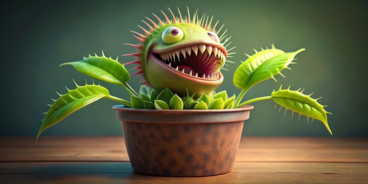 A 3D Render of a Cartoon Venus Flytrap Plant in a Pot, 3D, illustration, carnivorous plants, flytrap, plant