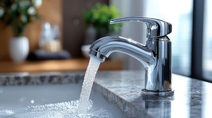 Refreshing Clean: flowing faucet, a refreshing stream of water creates a cascade of droplets, symbolizing the simple pleasure of cleanliness and renewal. 
