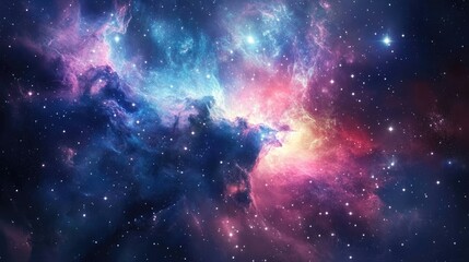 Dreamy view of a space nebula with radiant starlight and deep hues of blues, purples, and pinks representing galactic wonder.