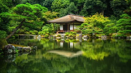 Serene Japanese Garden with a Reflection of a Traditional House in a Pond