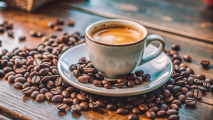 Obraz premium Espresso Coffee Cup With Beans On Vintage Table