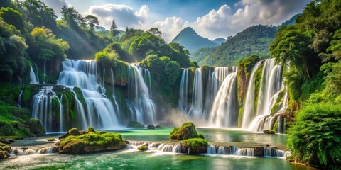 Naklejka premium Majestic Detian Waterfall flowing through lush greenery