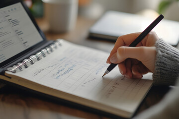a person taking notes in a digital planner during an online course, with the focus on the writing and screen
