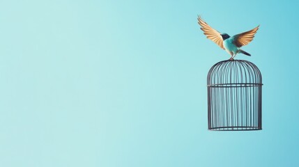 Fototapeta premium A bird flying away from an empty birdcage, [freedom], [metaphor for loss]