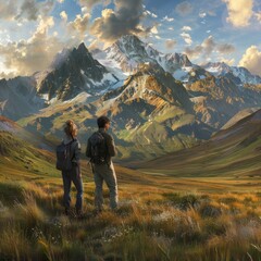 Two Tourists Look at Mountains, beautiful landscape