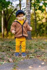 Child in cozy brown and yellow explores autumn forest. A little boy walks through a tree-lined area wearing a brown jacket