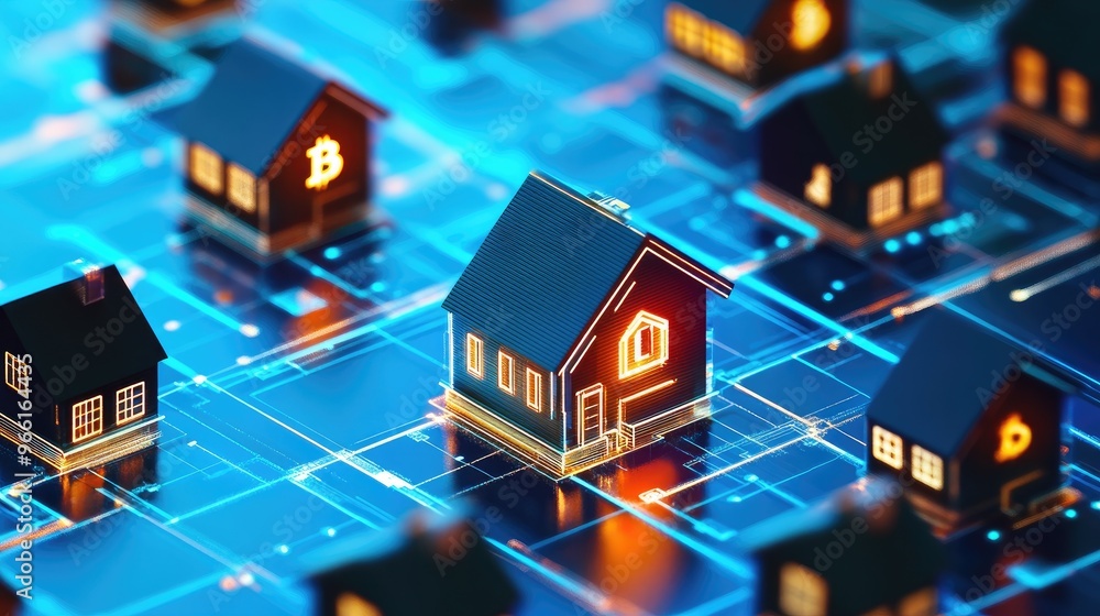 Poster floating house icons with bitcoin symbols in an abstract setting, illustrating the intersection of r