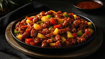 A vibrant dish featuring sweet and sour meat with colorful vegetables and pineapple, served on a dark plate.