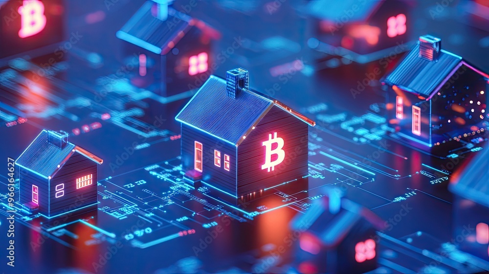 Poster floating house icons with bitcoin symbols in an abstract setting, illustrating the intersection of r