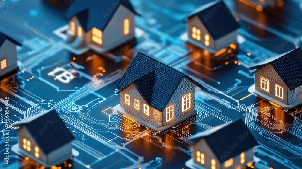 Poster floating house icons with bitcoin symbols in an abstract setting, illustrating the intersection of r
