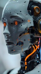 Close-up of a robot's face with exposed circuitry and glowing orange eye