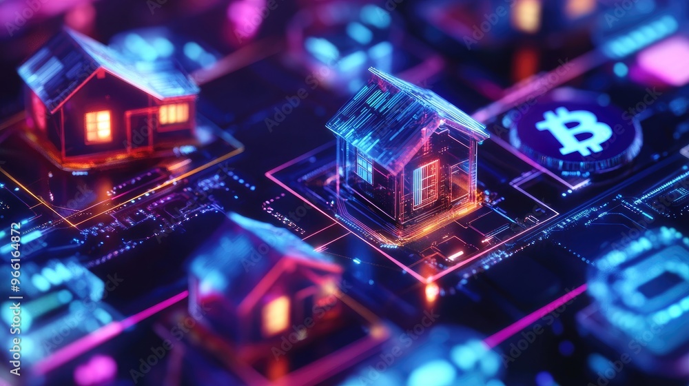 Poster floating house icons with bitcoin symbols in an abstract setting, illustrating the intersection of r