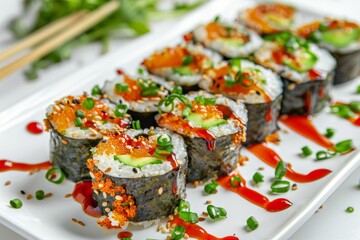 Uramaki sushi rolls, brown spicy sauce, green onions top view on white plate, nori maki, futomaki set