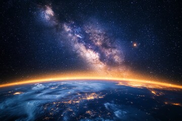 A mesmerizing view of Earth at night with the Milky Way galaxy in the background, showcasing the...