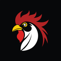 Minimalist vector illustration of a rooster's head with bold logo lines and a clean, modern look.
