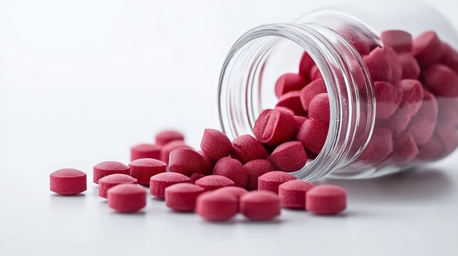 Detailed Close-up of Red Raspberry Ketone Pills Scattered from Glass Bottle on Clean Background in High-Resolution Realistic Health Supplement Photo
