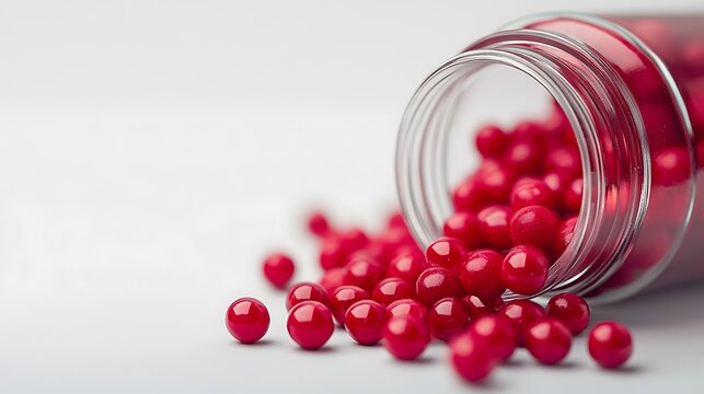Detailed and Realistic Close-Up of Red Raspberry Ketone Pills Scattered from Glass Bottle on Clean Background - High-Resolution Photo