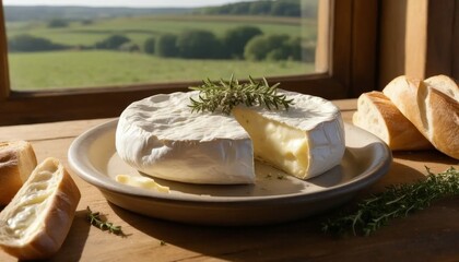  French Cheese Brie with Rosemary and Bread in Front of Window