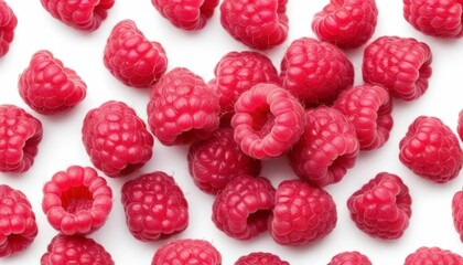 Fresh Red Raspberries Scattered on White Background 
