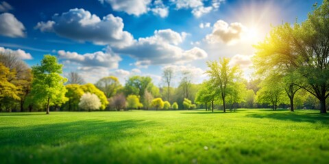 A Sunny Meadow with Trees, Blue Sky, and Fluffy Clouds, Grass, Nature, Outdoors, Landscape