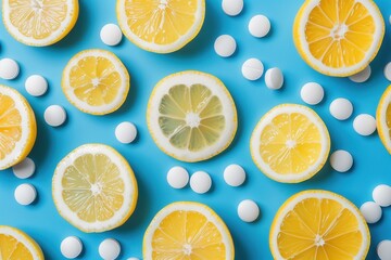 Obraz premium A blue background with a bunch of lemons and pills