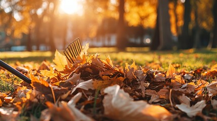 Obraz premium Cleaning up autumn fallen leaves. A pile of fallen leaves is collected with a rake on the lawn in the park. Seasonal gardening. Concept of volunteering