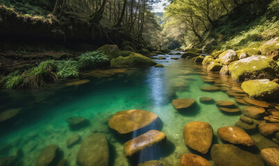 Fototapeta premium A clear, green river flows through a lush forest, with large rocks scattered across the bed