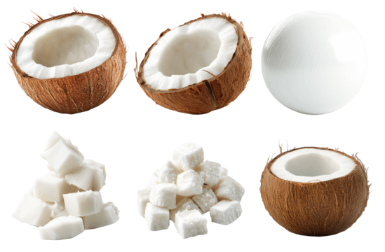 Coconut Collection - From Whole to Cubes: A versatile set featuring whole coconuts, a halved coconut revealing its fresh meat, and a pile of tempting coconut cubes, all set against a clean white backg