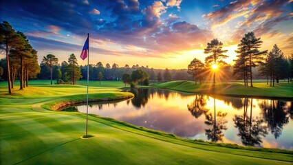 Panoramic view of a stunning golf course at sunset with lush pines, fairway, green hole, flag, and sparkling lake
