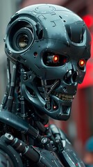 Obraz premium Close-up of a Robotic Skull with Red Glowing Eyes