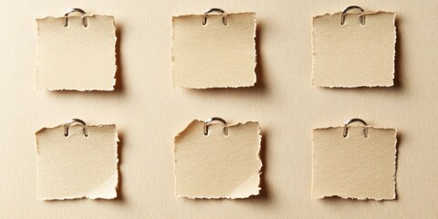Fototapeta premium Creative Office Supplies Collage: Vintage Sticky Notes, Torn Labels, and Pushpins on Retro Background. Abstract Business Communication Concept for Marketing Campaigns and 4K Wallpapers.