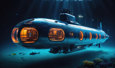Fototapeta premium A sleek, silver submarine glides through the deep blue water, illuminated by a beam of light