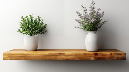 Potted plants adorn wooden shelf, bringing nature indoors. Concept of home decor