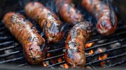 Close-up of Grilled Sausages on a Barbecue Grill.