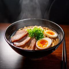 Steaming Bowl Of Spicy Ramen, Topped With Sliced Pork, Soft-boiled Egg, And Green Onions, Chopsticks Resting On The Side
