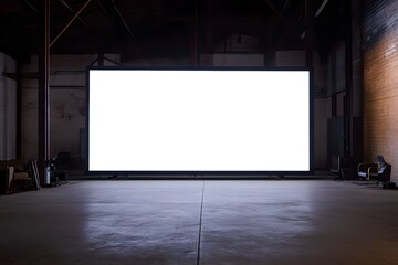 A Large Blank Screen in a Dark Industrial Space, billboard. 
