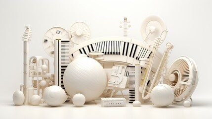 white background musical style theme abstract musical instruments 3d mockup