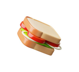 Vector 3D illustration of a sandwich with slices of white bread, lettuce, onion and tomato.