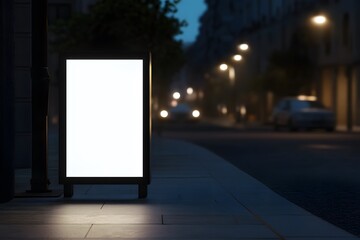Blank Illuminated Signboard on a City Street at Night