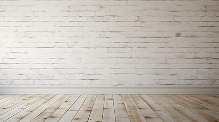 White brick wall with wooden floors, bright bakground for presentation