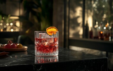 A beautifully crafted cocktail sits on a dark marble surface, garnished with an orange slice, surrounded by a cozy ambiance.