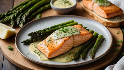 Delicious Grilled Salmon with Asparagus and Lemon Sauce on a Plate