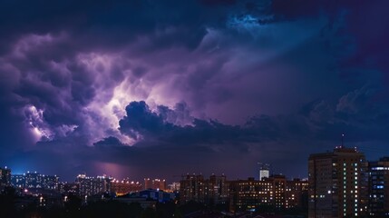 Fototapeta premium A city is lit up with lights and the sky is filled with lightning